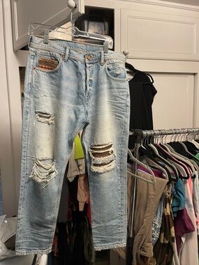 Baykan Light Wash Distressed Ripped Denim Jeans with patchwork